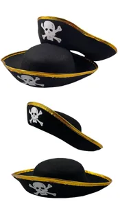 Kids pirate captain hat with gold trim and skull print, perfect for dress up party.