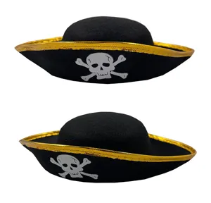 Detailed view of black pirate captain hat with gold trim and white skull motif for kids party.