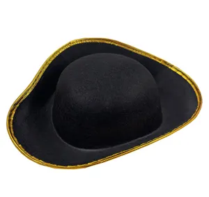 Detailed close-up of a classic black pirate captain hat featuring elegant gold trim.