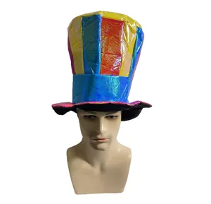Detailed view of the colorful holographic striped top hat, perfect for festive party events.
