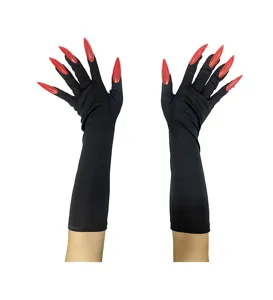 Gants longs noirs d'Halloween avec faux ongles rouges pointus costume de sorcière.