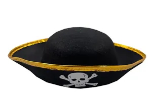 Children pirate captain hat detail view featuring black felt material, gold trim and skull print.