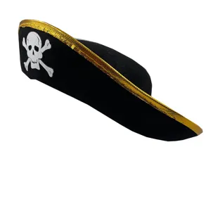 Children pirate captain hat detail view with white skull emblem and gold sequin trim.