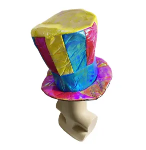 Colorful striped top hat detail shot, iridescent party magician hat for festival events.
