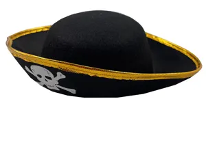 Black pirate captain hat with gold trim and skull emblem for party cosplay performance.