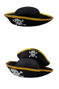 Kids pirate hat black captain costume accessory with gold trim and skull bone design for