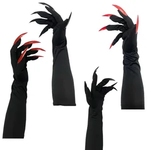 Longs gants noirs d'Halloween avec des griffes de sorcière vampire effrayantes pour fêtes.