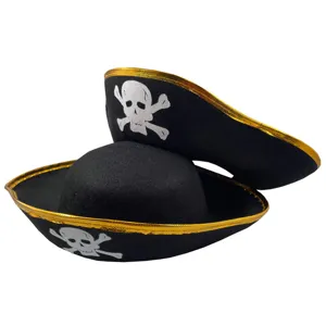 Kids pirate captain hat with gold trim and skull design, perfect for party costume dress up.
