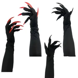 Gants longs noirs d'Halloween avec de faux ongles longs pour costumes de vampire et de sorcière.