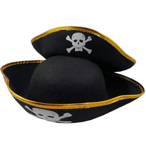 Kids black pirate captain hat with gold trim, classic skull and crossbones design for party.