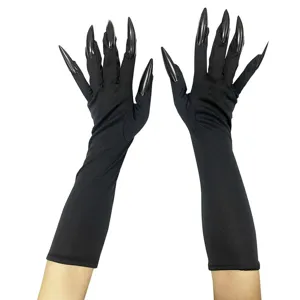 Gants longs noirs d'Halloween avec faux ongles griffes accessoire de cosplay sorcière vampire