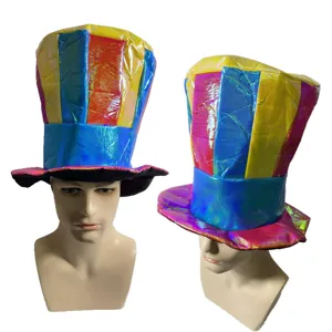 Iridescent Striped Tall Top Hat Colorful Magician Clown Hat Festival Party Costume Headwear Unisex Fancy Dress