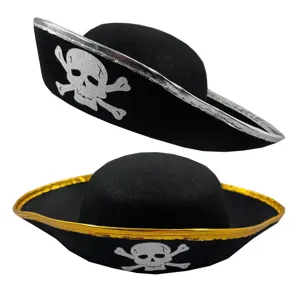 Kids pirate hat with skull crossbones design and metallic trim, perfect for party costume.