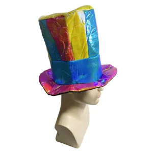 Holographic striped top hat for party festival, colorful magician clown hat headwear.