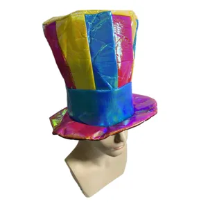 Colorful striped top hat for festival party, iridescent magician clown hat, bright costume accessory.