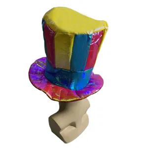 Colorful striped top hat for festival parties, iridescent clown and magician costume hat.