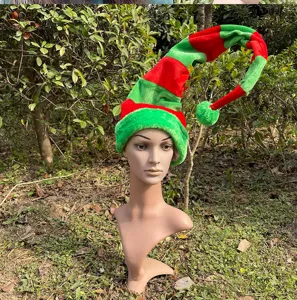 Long striped elf hat detail view, red and green plush Christmas party costume accessory for adults.