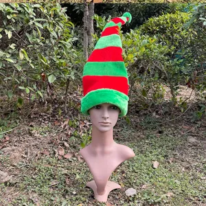 Long red green striped Christmas elf hat plush holiday party costume hat festival decoration