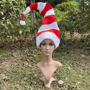 Long striped plush Christmas hat for adults, red and white festive holiday party costume prop.