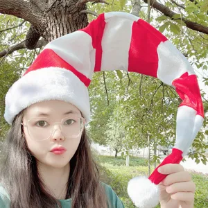 Long striped plush Santa hat for adults, ideal for Christmas party decorations and holiday gifts.