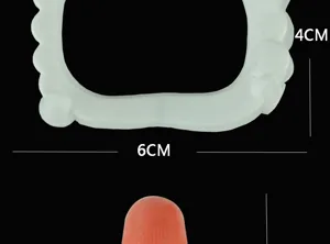 Halloween vampire fangs denture toy with clear 6cm by 4cm dimension spec details for cosplay.