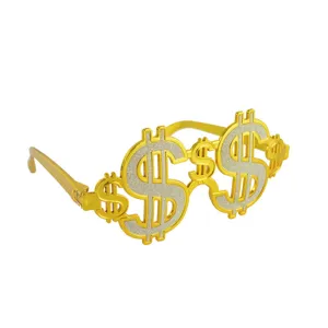 Dollar sign party glasses detail, gold novelty funny photo prop for celebration and costume event.