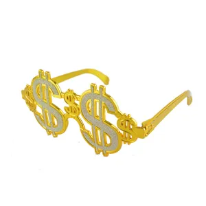Gold dollar sign novelty party glasses, funny photo props for dancing and celebration events.