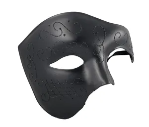 Détail en gros plan d'un masque de bal masqué noir demi-visage aux motifs pailletés.