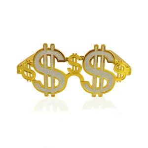 Detail view of the creative gold dollar sign novelty party glasses with glitter decor.
