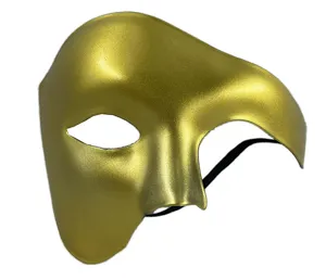 Masque de fantome venitien dore demi-visage vue detaillee, ideal pour soirees costumees.
