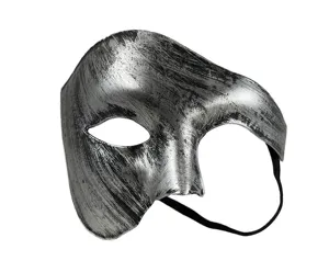 Gros plan détaillé du masque de mascarade argenté vintage avec finition vieillie antique.