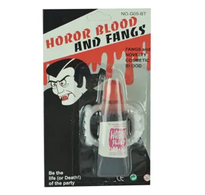 Halloween vampire fake blood and fangs set, perfect for cosplay parties and spooky trick props.