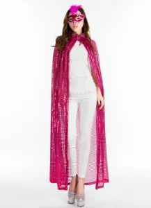 Detailansicht des glänzenden rosa Pailletten-Umhangs, ideal für Halloween-Cosplay und Kostümpartys.