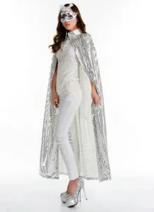 Silberner Pailletten Umhang Cape für Damen Halloween Cosplay Party, glänzende Bühnenbekleidung.