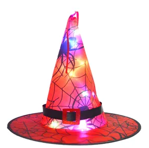 Chapeau de sorcière Halloween LED avec motif toile d'araignée, parfait pour fête.