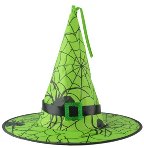 Chapeau de sorcière vert d'Halloween avec motif toile d'araignée et boucle brillante