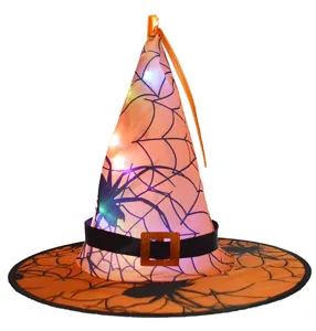 Chapeau de sorciere d'Halloween lumineux LED avec motif toile d'araignee pour costume de fete.