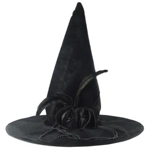 Cappello da Strega Mago di Halloween in Velluto Con Rosa Piuma Catena Accessori per Travestimento da Maga Gotica Copricapo per Spettacolo