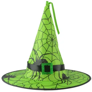 Chapeau de sorcière d'Halloween vert avec motif de toile d'araignée pour fête et cosplay.
