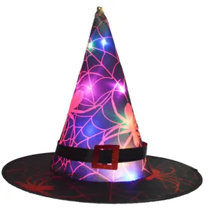 Chapeau de sorciere lumineux LED pour fete d'Halloween design toile d'araignee coloree.