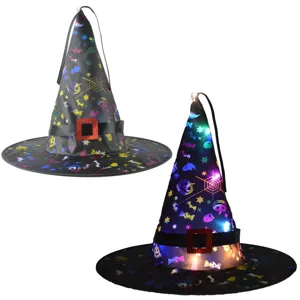 Chapeau de sorcière lumineux LED Halloween accessoire de costume noir pointu avec impression