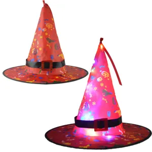 Chapeau de sorcière lumineux LED Halloween avec imprimé citrouille chauve-souris et ceinture.