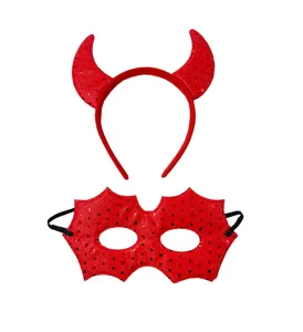 Rotes Pailletten Teufelshorn Haarreif und passendes Masken Set für Halloween Party Zubehör.
