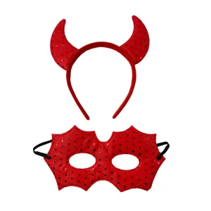 Halloween Roter Teufel Horn Haarreif Und Pailletten Fledermaus Maske Set Kostüm Party Haarschmuck Festival Cosplay Requisiten