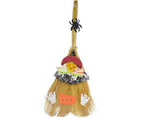 Halloween Witch Broomstick Decoration Prop with Scary Ghost and Spider Ornaments for Party
