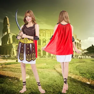 Disfraz de guerrera romana para mujer Halloween cosplay actuación escenario capa roja.
