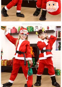 Détails de la tenue de costume de noël pour enfants, vêtements rouges, chapeau et sac cadeau.