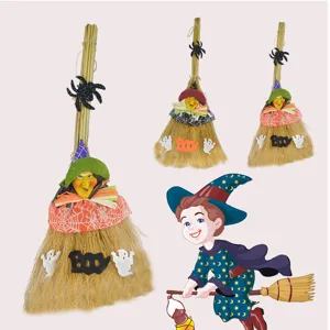 Halloween witch broom decoration prop party hanging ornaments with cute doll and spooky ghost design.
