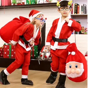 Enfants Noël Père Noël Costume Ensemble avec Chapeau Rouge Pantalon Sac Cadeau Fête