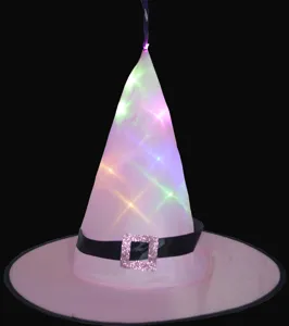 Rosa leuchtender LED Hexenhut Detailansicht mit schwarzem Band und glitzernder Schnalle